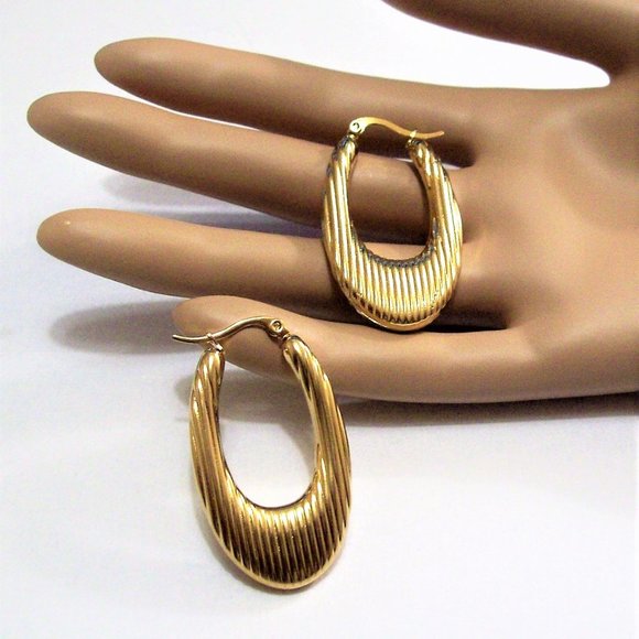 24K Gold Plated Lined Teardrop Hoop Pierced Post Earrings 44mm Long Stainless - Picture 7 of 12